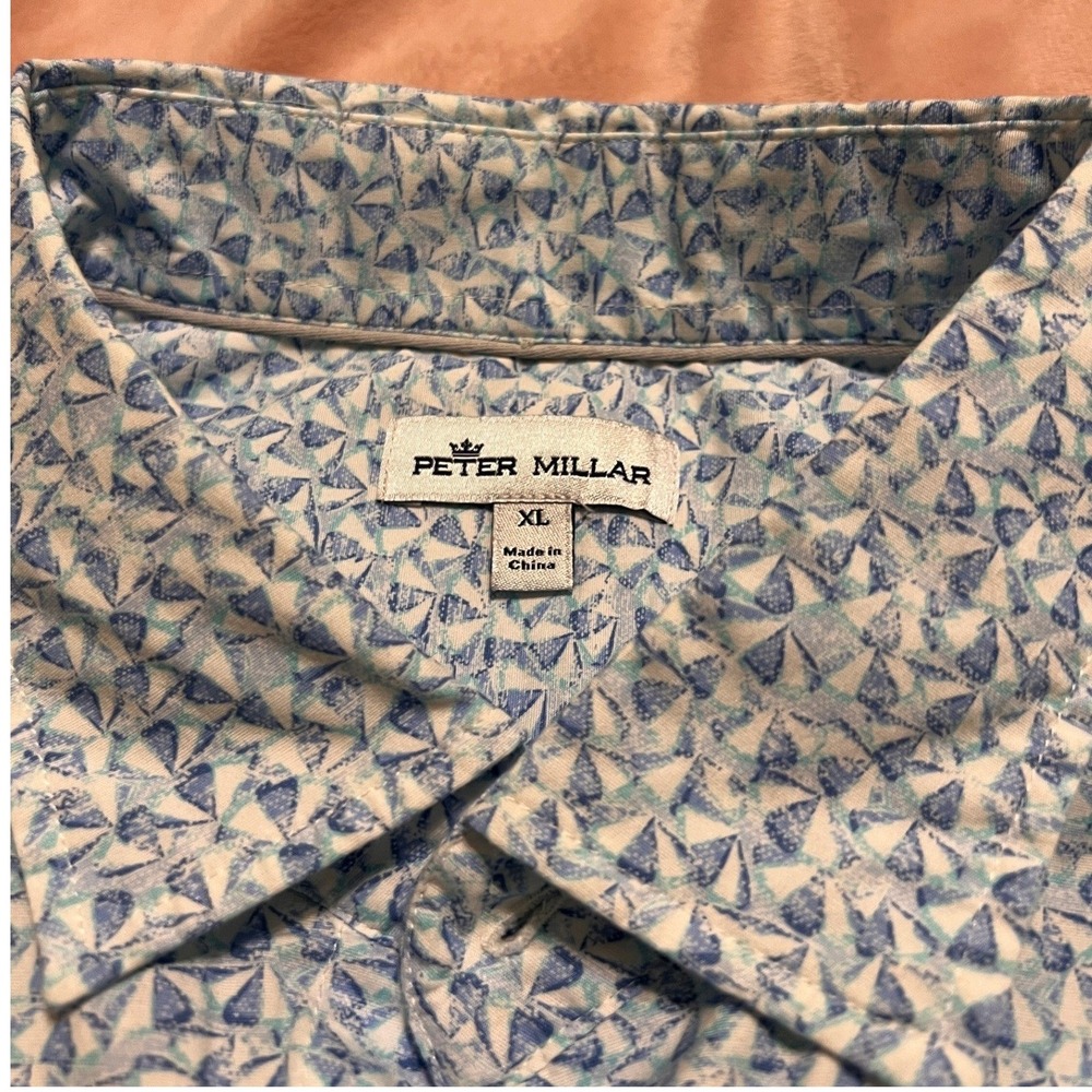 Peter Millar Button Down Shirt Mens XL Blue Geometric Sailboat Short Sleeve